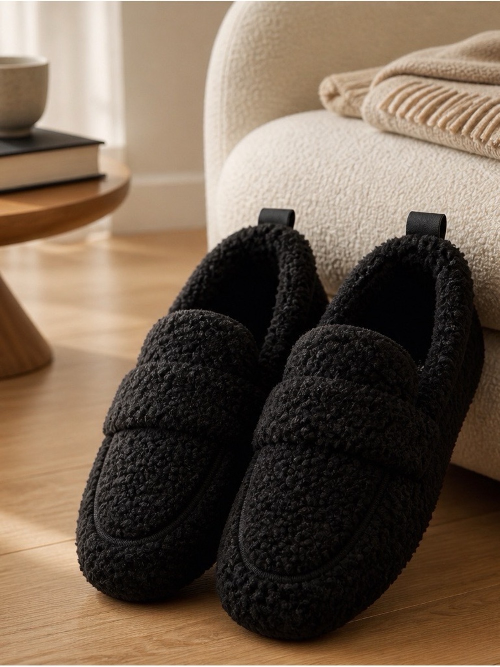 Jennifer & John Plush Black Sherpa Slip-On Loafers